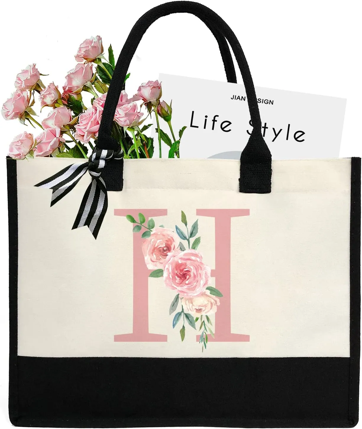 Initial Canvas Tote Bag for Women, Beach Bag with Inner Zipper Pocket Personalized Gifts for Wedding, Birthday