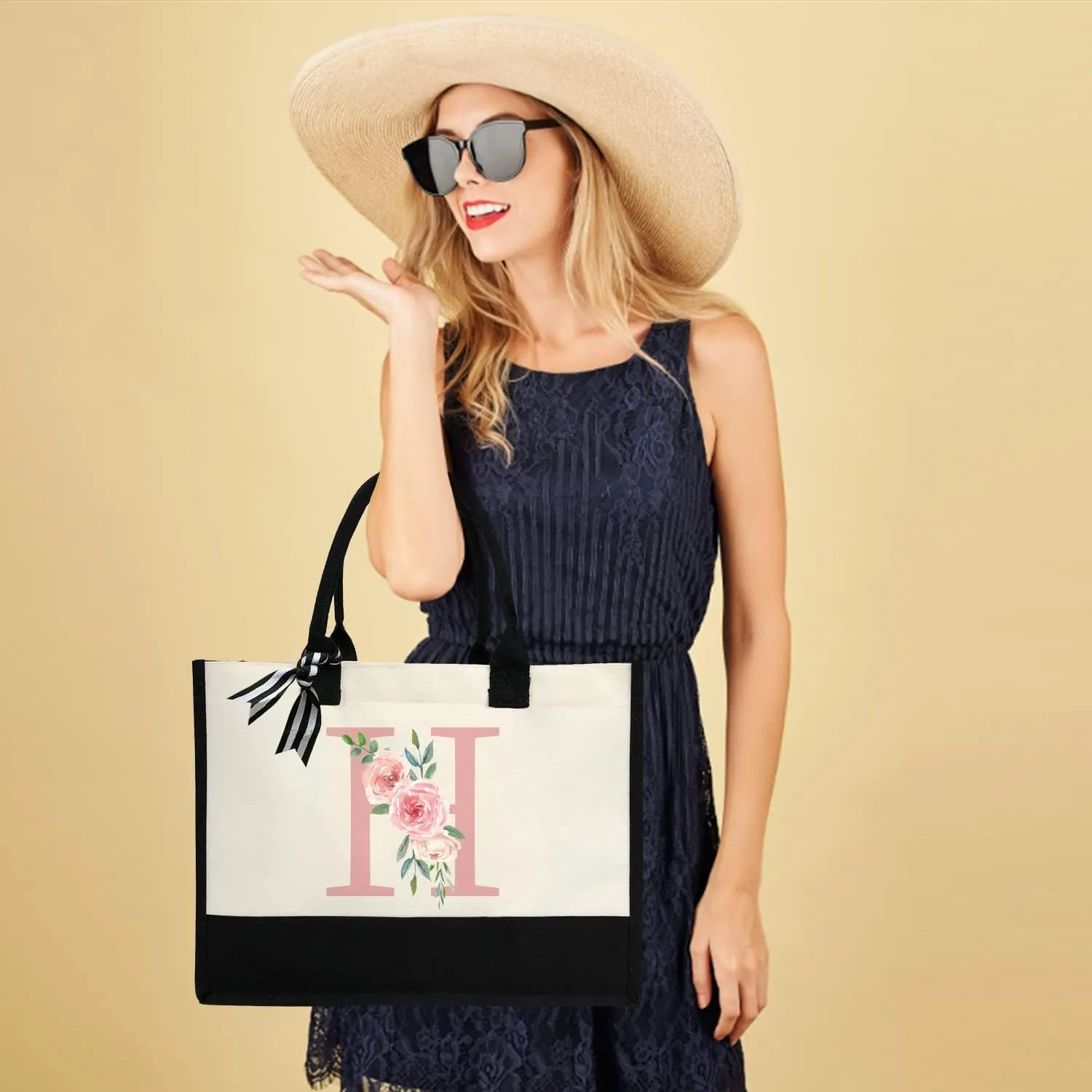 Initial Canvas Tote Bag for Women, Beach Bag with Inner Zipper Pocket Personalized Gifts for Wedding, Birthday