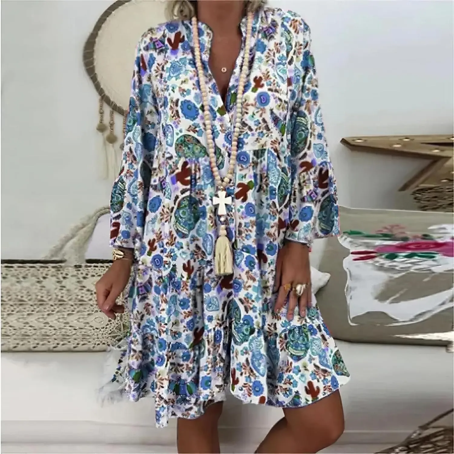 IVERIRMIN Women's Boho Floral Print Short Dress Casual Bohemian V Neck Ruffle Long Sleeve Beach Mini Dresses