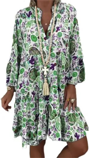 IVERIRMIN Women's Boho Floral Print Short Dress Casual Bohemian V Neck Ruffle Long Sleeve Beach Mini Dresses
