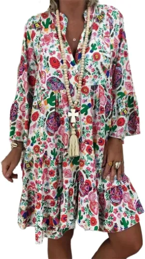 IVERIRMIN Women's Boho Floral Print Short Dress Casual Bohemian V Neck Ruffle Long Sleeve Beach Mini Dresses