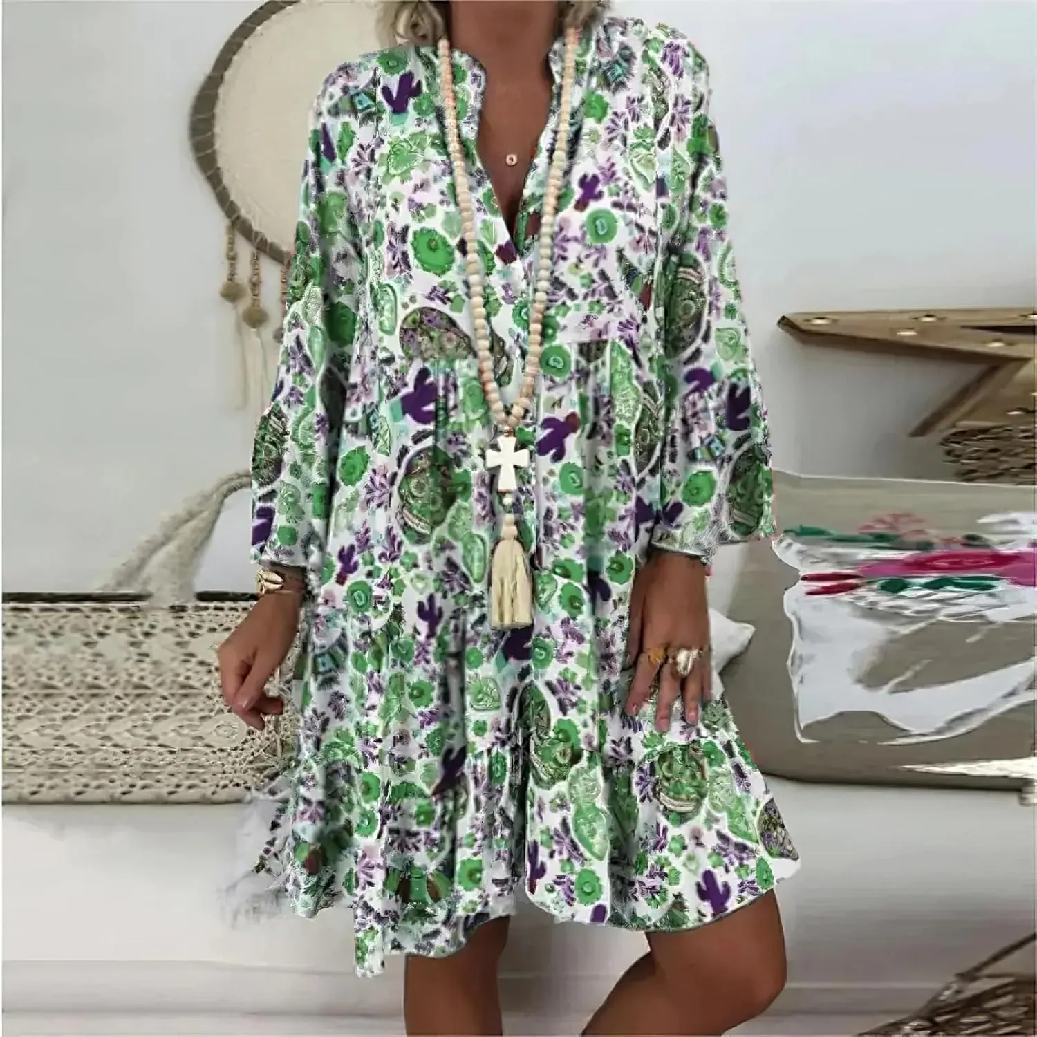 IVERIRMIN Women's Boho Floral Print Short Dress Casual Bohemian V Neck Ruffle Long Sleeve Beach Mini Dresses