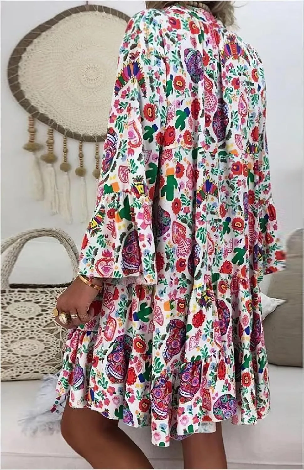 IVERIRMIN Women's Boho Floral Print Short Dress Casual Bohemian V Neck Ruffle Long Sleeve Beach Mini Dresses