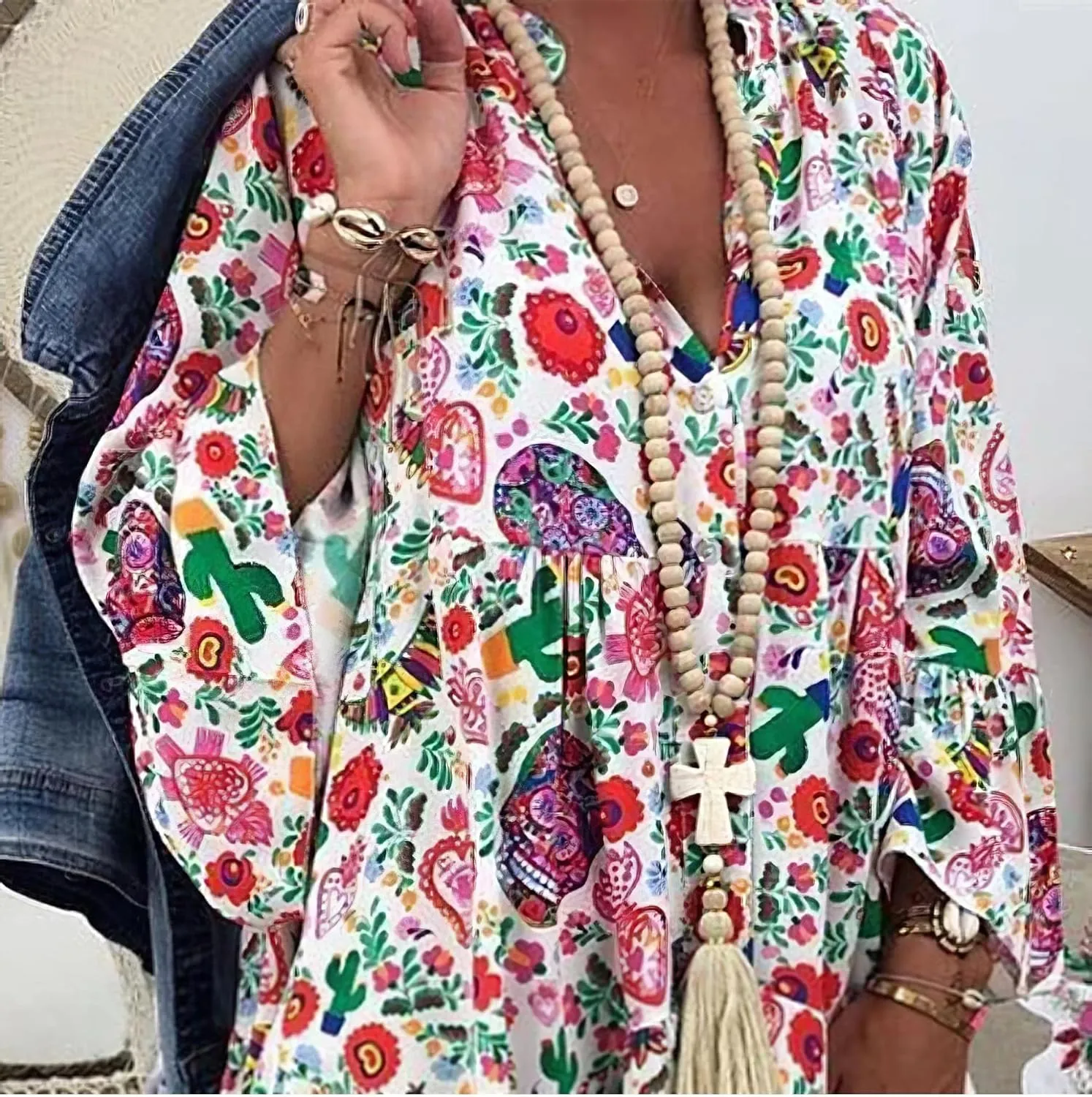 IVERIRMIN Women's Boho Floral Print Short Dress Casual Bohemian V Neck Ruffle Long Sleeve Beach Mini Dresses
