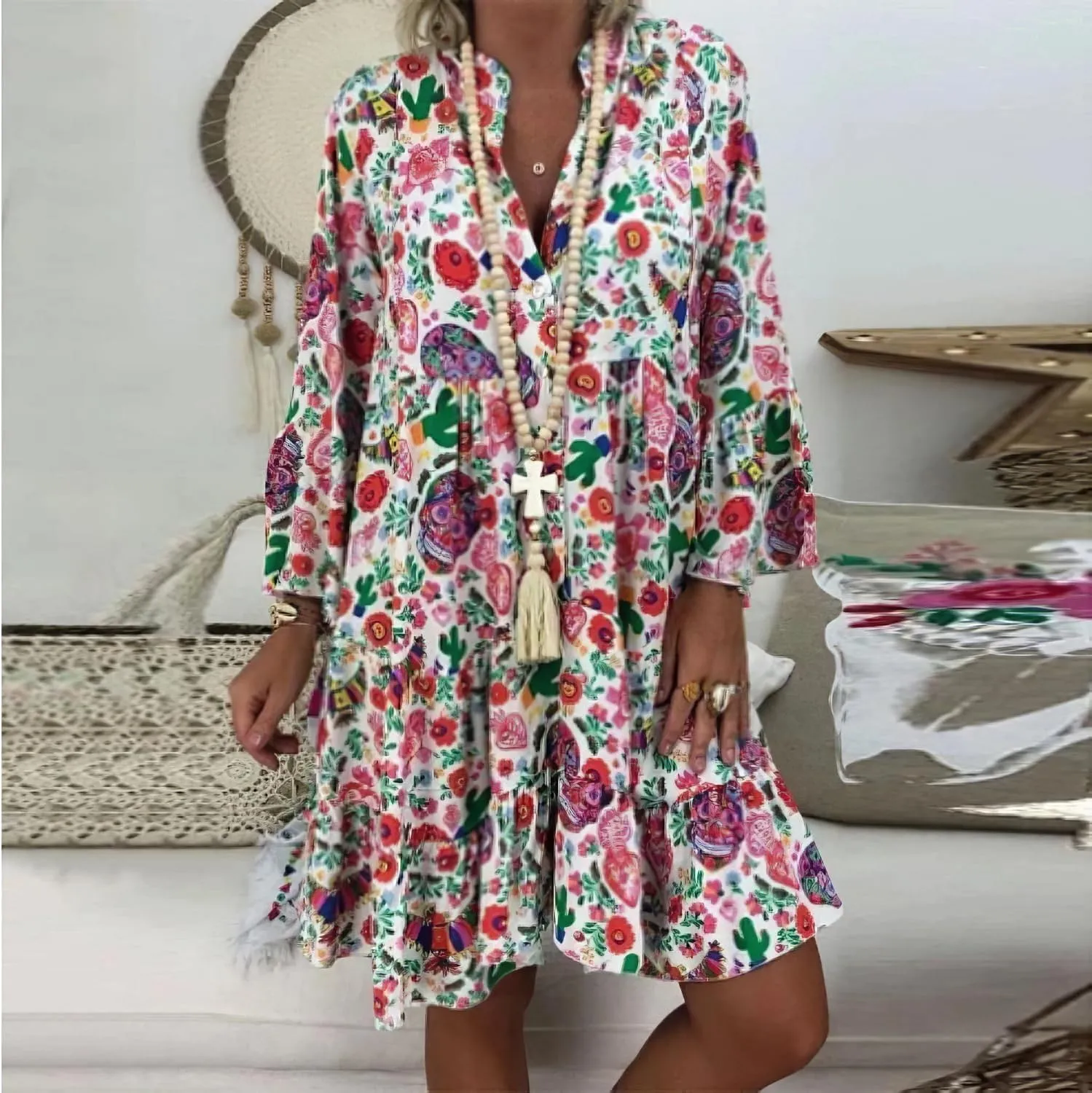 IVERIRMIN Women's Boho Floral Print Short Dress Casual Bohemian V Neck Ruffle Long Sleeve Beach Mini Dresses