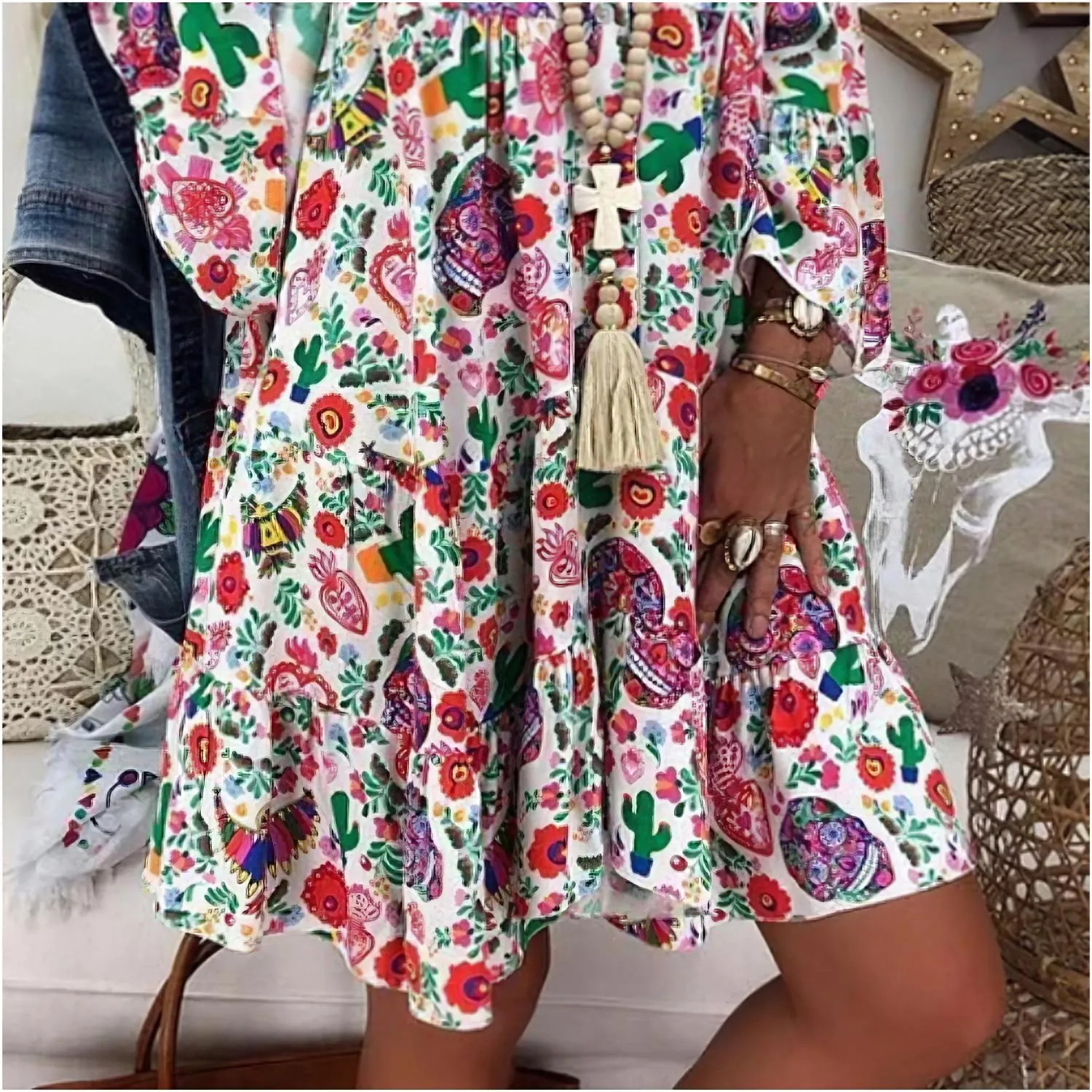 IVERIRMIN Women's Boho Floral Print Short Dress Casual Bohemian V Neck Ruffle Long Sleeve Beach Mini Dresses