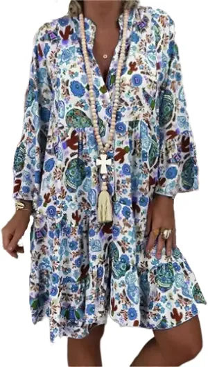 IVERIRMIN Women's Boho Floral Print Short Dress Casual Bohemian V Neck Ruffle Long Sleeve Beach Mini Dresses