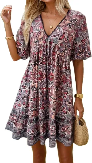 IVERIRMIN Women's Boho Floral Print Short Dress Casual Bohemian V Neck Short Sleeve Beach Vacation Mini Dresses