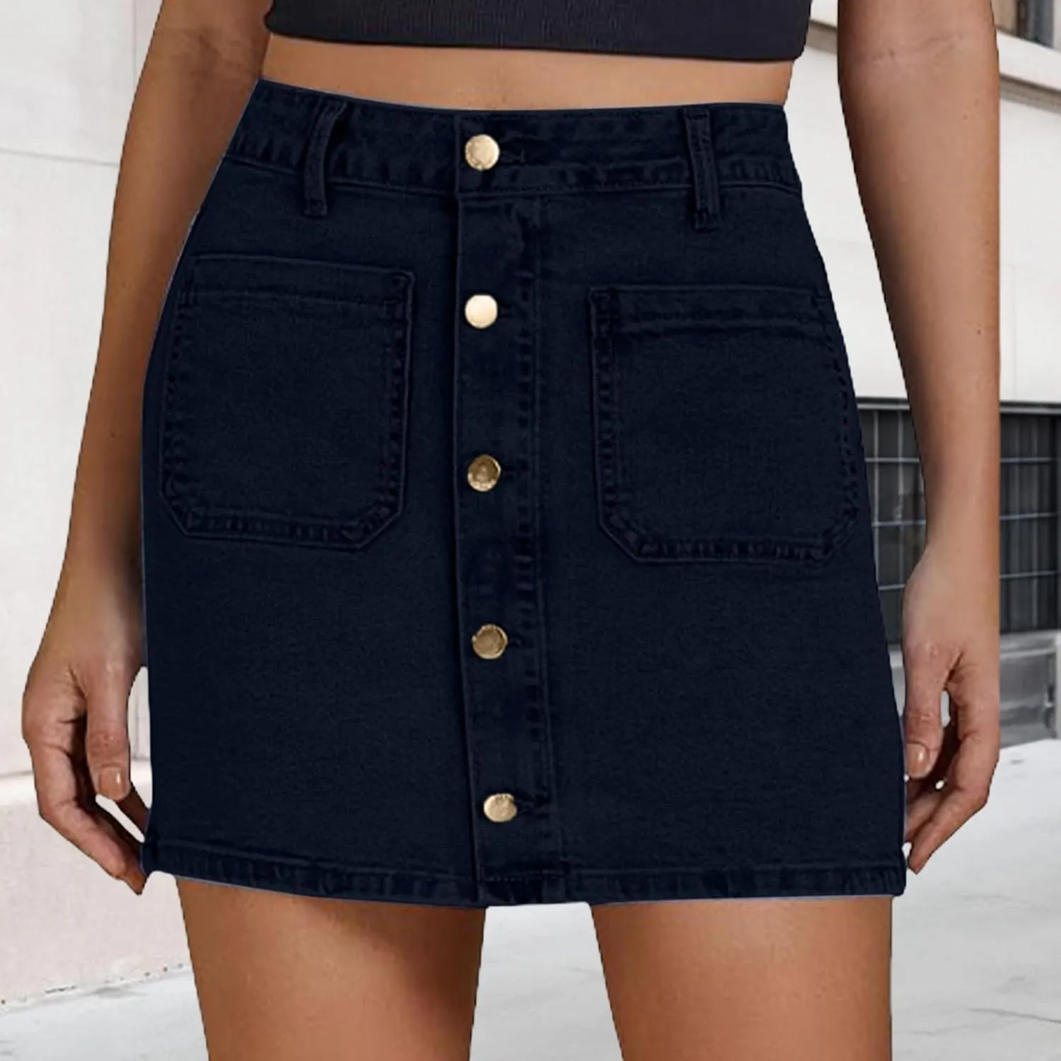 Jean Skirts for Women Denim High Waisted Trendy Stretchy Button Front Short Pencil Skirt with Patch Pockets