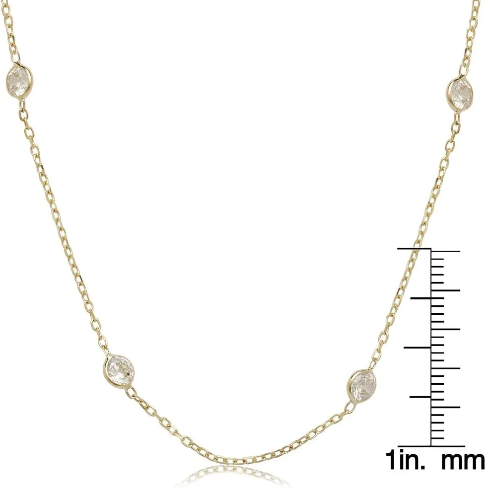JewelryWeb - 14K Yellow Gold Station Necklace | Simulated Diamond BTY Necklace | Womens CZ Chain Necklace | Layering Necklaces