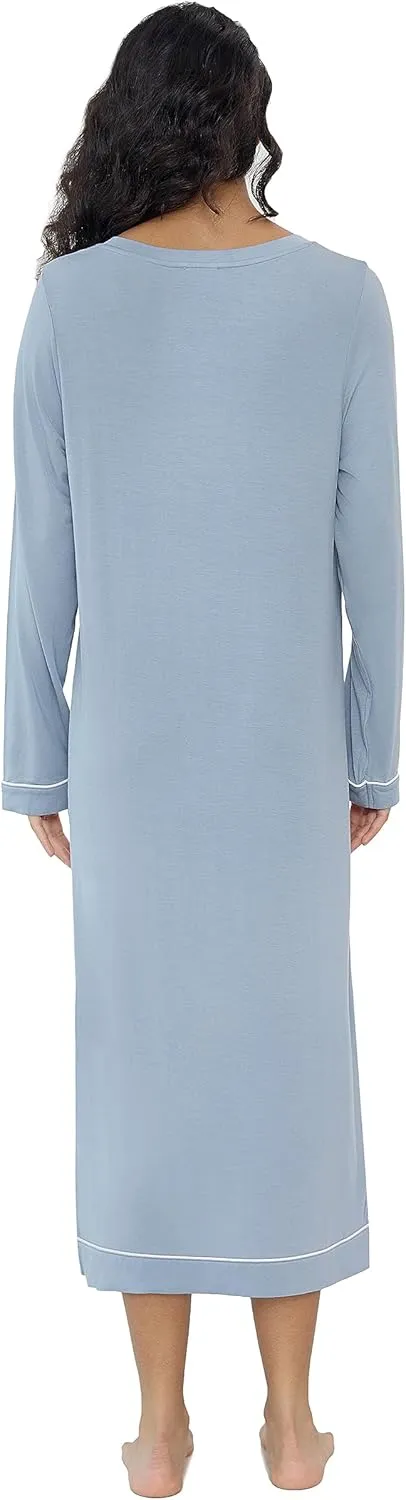 Joyaria Women Soft Long Sleeve Nightgowns Bamboo Viscose V-Neck Wicking Sleep Shirts Comfy Sleepwear S-XXL