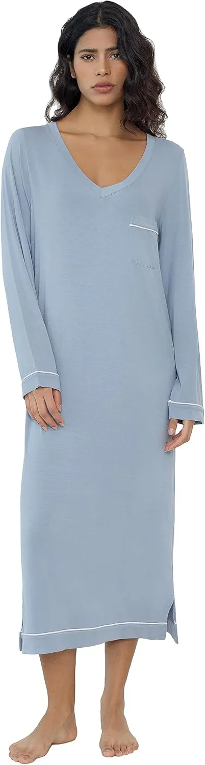 Joyaria Women Soft Long Sleeve Nightgowns Bamboo Viscose V-Neck Wicking Sleep Shirts Comfy Sleepwear S-XXL