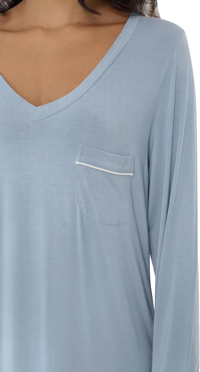 Joyaria Women Soft Long Sleeve Nightgowns Bamboo Viscose V-Neck Wicking Sleep Shirts Comfy Sleepwear S-XXL