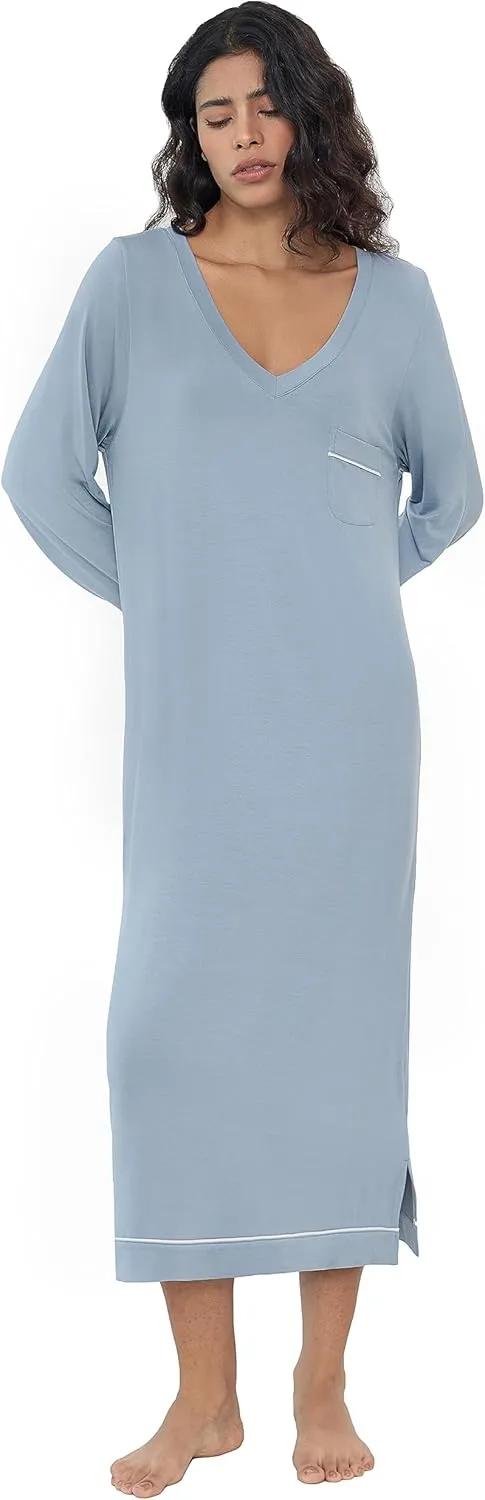 Joyaria Women Soft Long Sleeve Nightgowns Bamboo Viscose V-Neck Wicking Sleep Shirts Comfy Sleepwear S-XXL