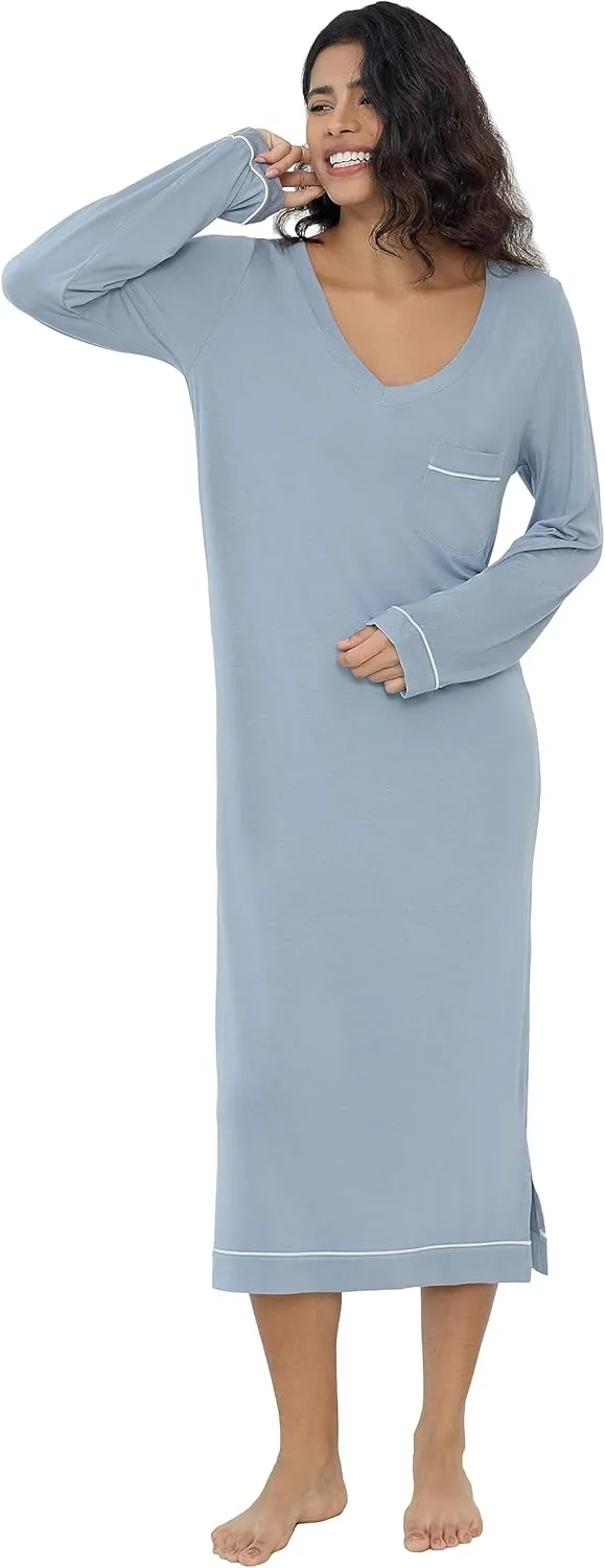 Joyaria Women Soft Long Sleeve Nightgowns Bamboo Viscose V-Neck Wicking Sleep Shirts Comfy Sleepwear S-XXL