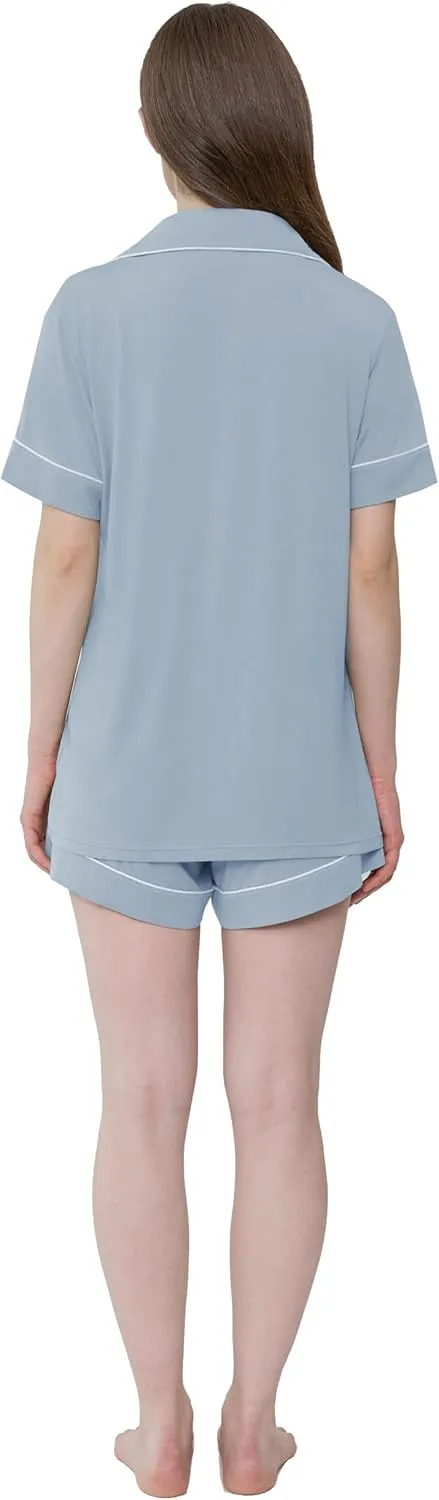 Joyaria Womens Cooling Bambo Viscose Pajamas Short Sleeve Button Down Pj Shorts Set Ultra Soft Summer Sleepwear-Small-XXL