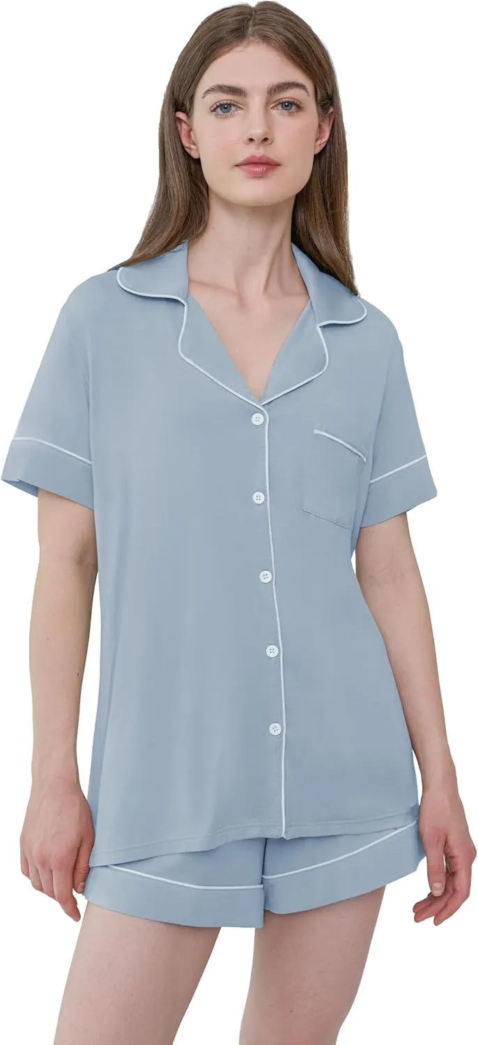 Joyaria Womens Cooling Bambo Viscose Pajamas Short Sleeve Button Down Pj Shorts Set Ultra Soft Summer Sleepwear-Small-XXL