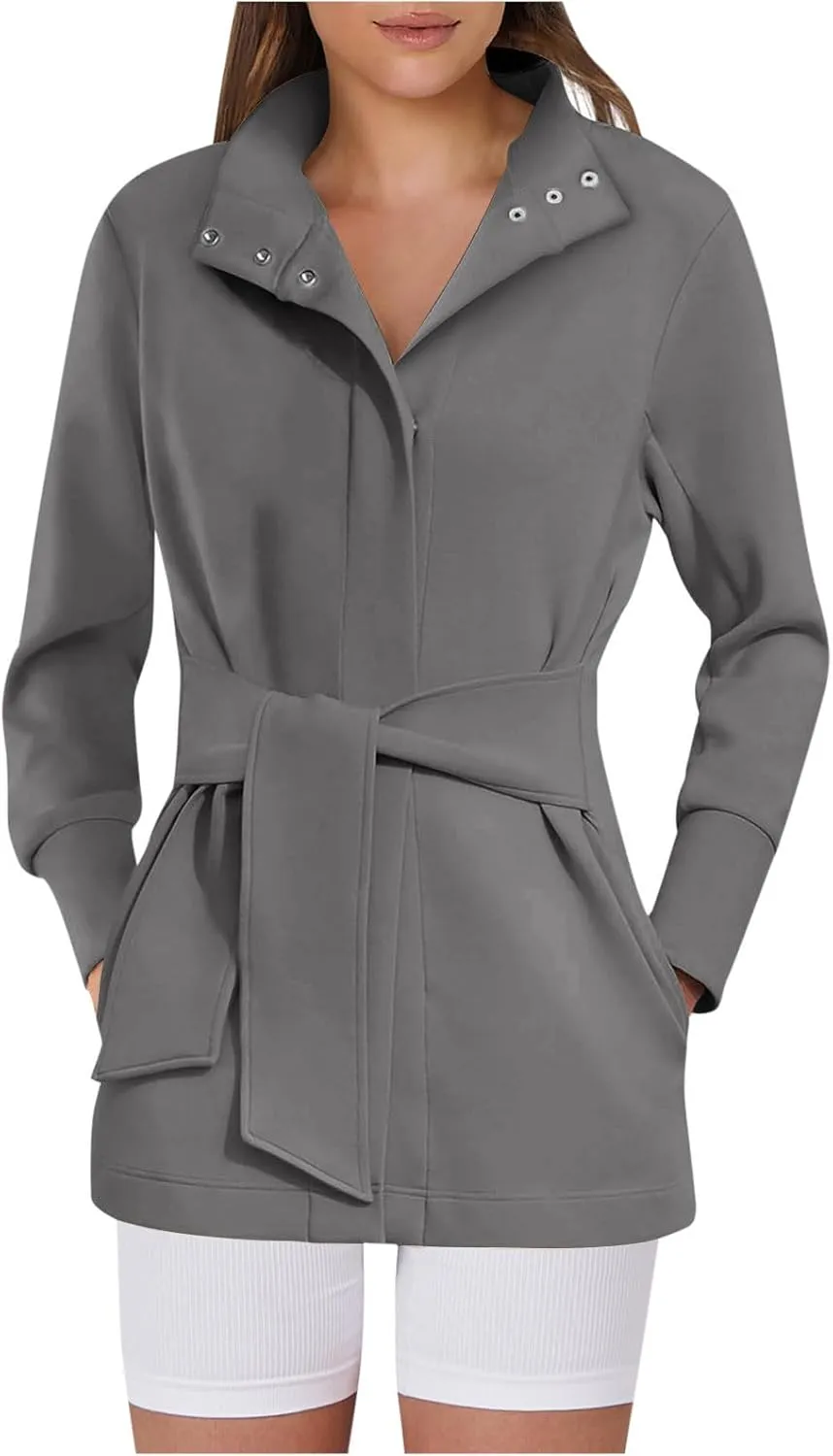 jsaierl Jackets for Women Belted Casual Long Sleeve Wrap Trench Coat 2024 Fall Trendy Button Up Lapel Dressy Outerwear