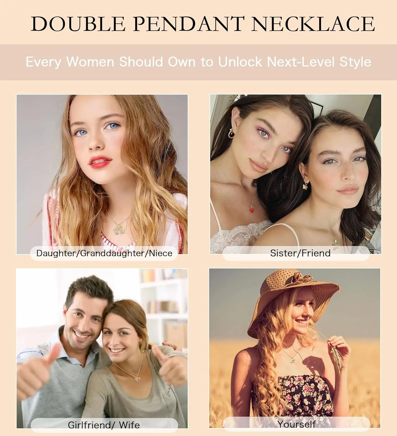 Key & Heart Necklace - Double Pendant Necklace for Women 18k Gold Plated Key Necklace Heart Necklace Dainty Gold Necklace for Women