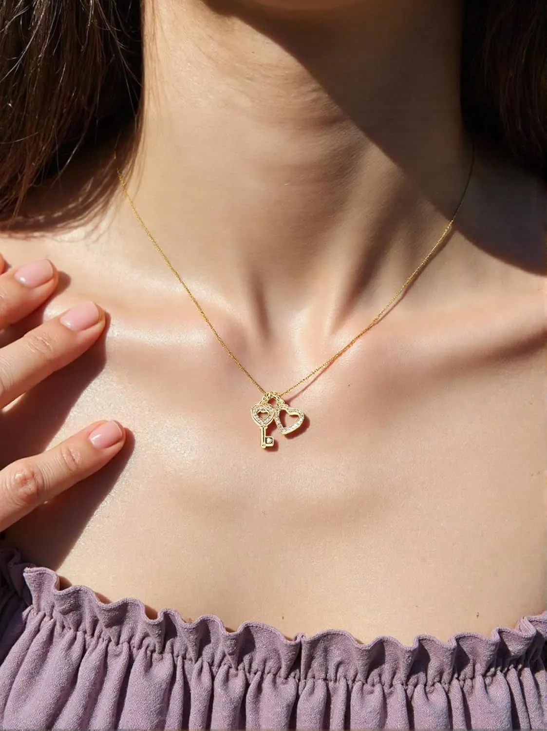 Key & Heart Necklace - Double Pendant Necklace for Women 18k Gold Plated Key Necklace Heart Necklace Dainty Gold Necklace for Women