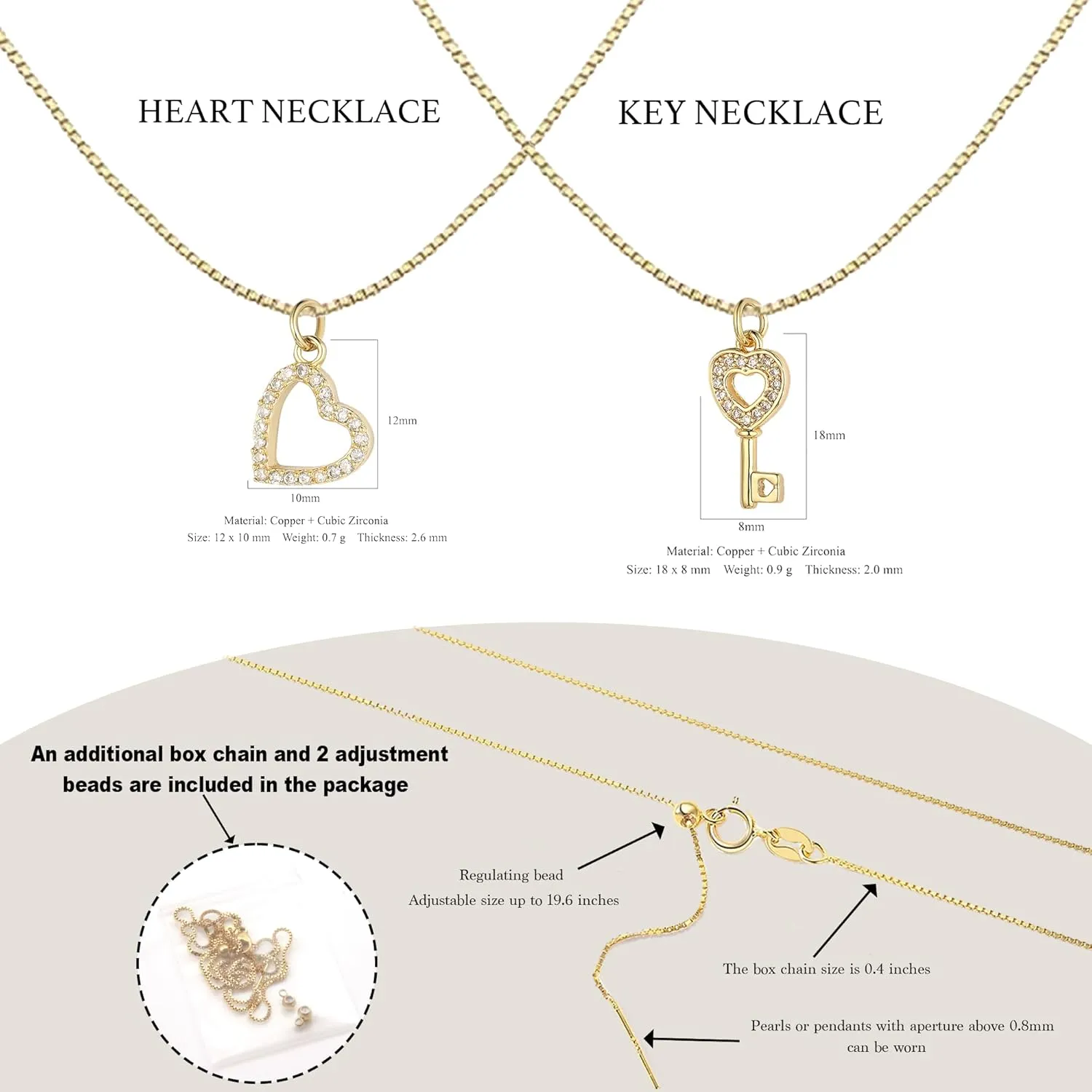 Key & Heart Necklace - Double Pendant Necklace for Women 18k Gold Plated Key Necklace Heart Necklace Dainty Gold Necklace for Women