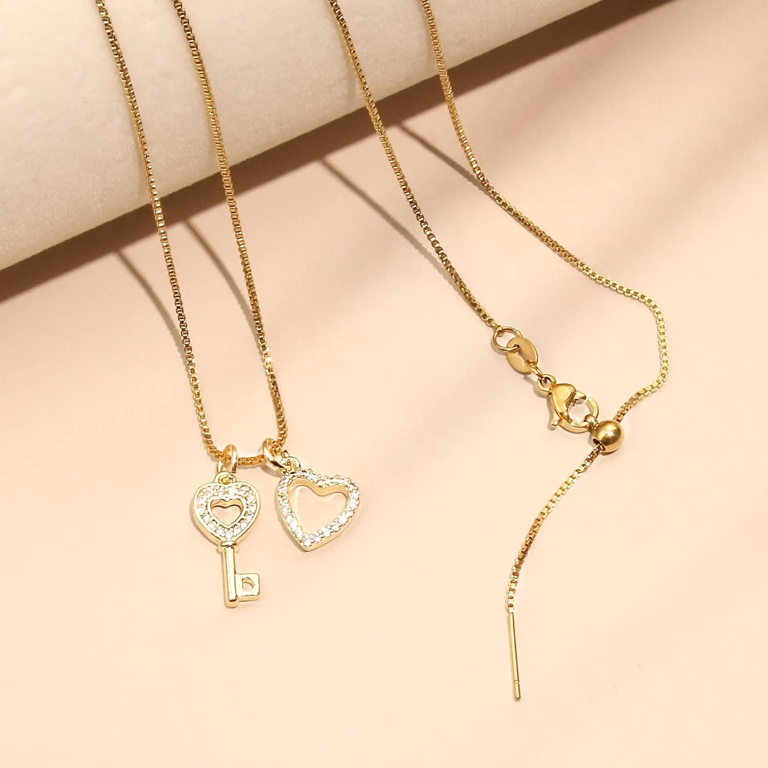 Key & Heart Necklace - Double Pendant Necklace for Women 18k Gold Plated Key Necklace Heart Necklace Dainty Gold Necklace for Women