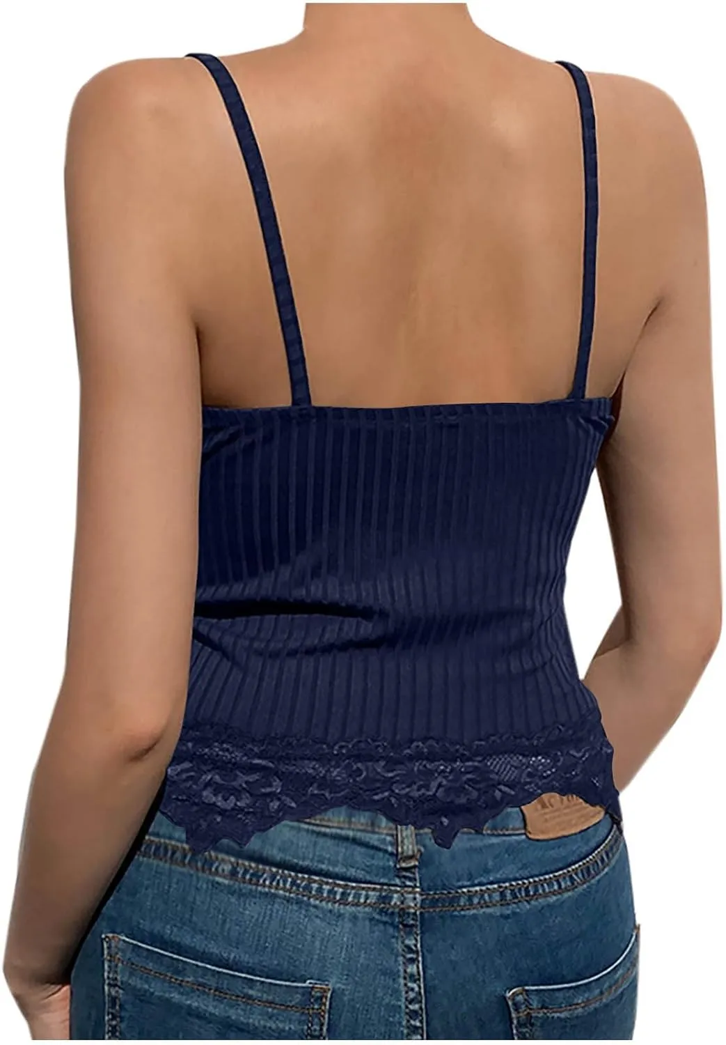 Lace Trim Cami Tops for Women Sexy V Neck Spaghetti Straps Camisole Tops Ribbed Soft No Underwire Gather Bralettes