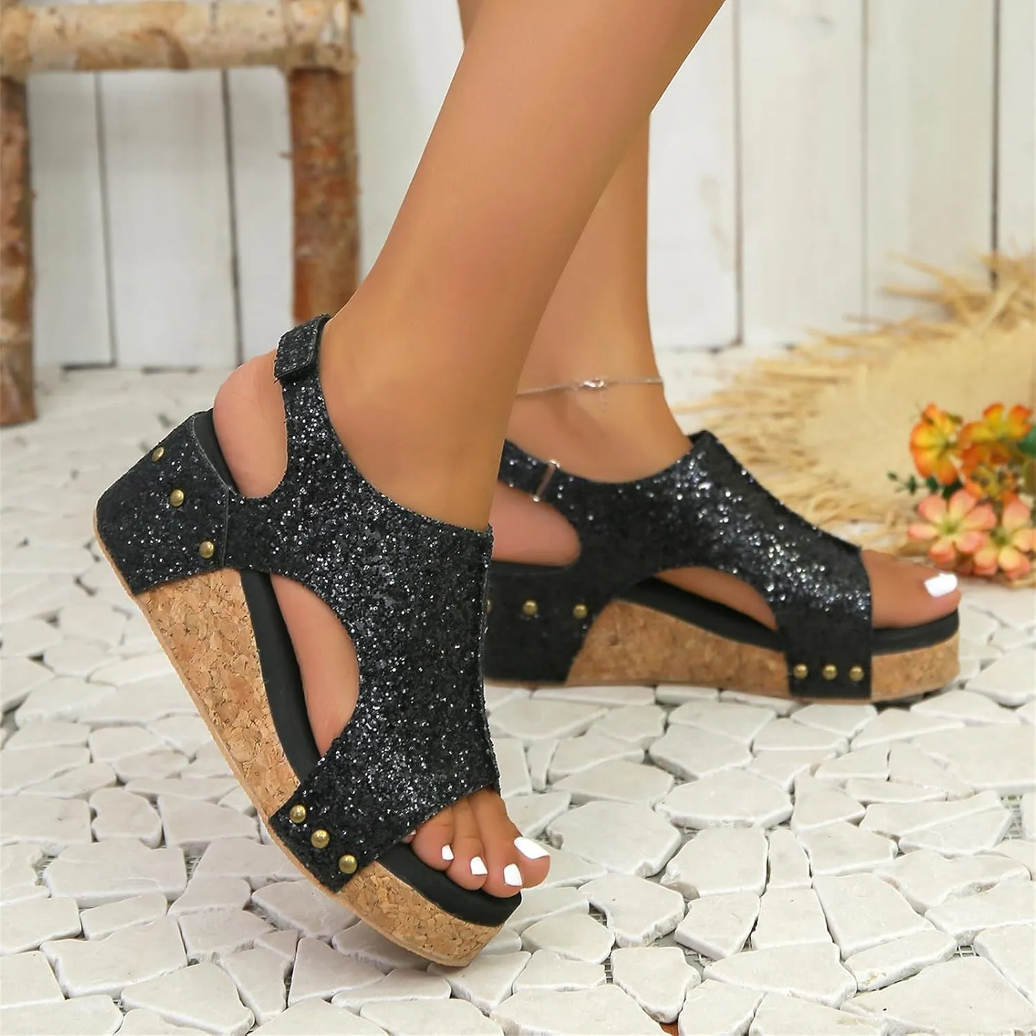 Ladmiple Sandals For Women 2024 Comfortable Wedge Platform Sandals Slip on Ankle Strap Casual Rhinestone Summer Dress Shoes