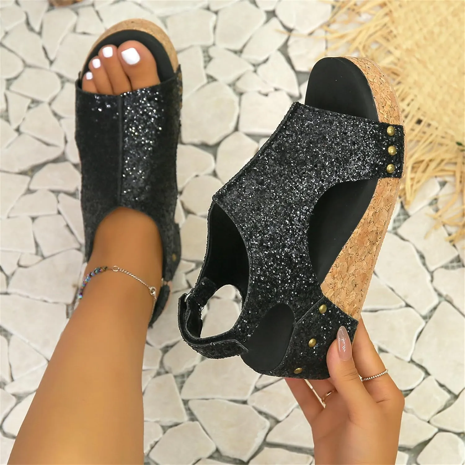 Ladmiple Sandals For Women 2024 Comfortable Wedge Platform Sandals Slip on Ankle Strap Casual Rhinestone Summer Dress Shoes