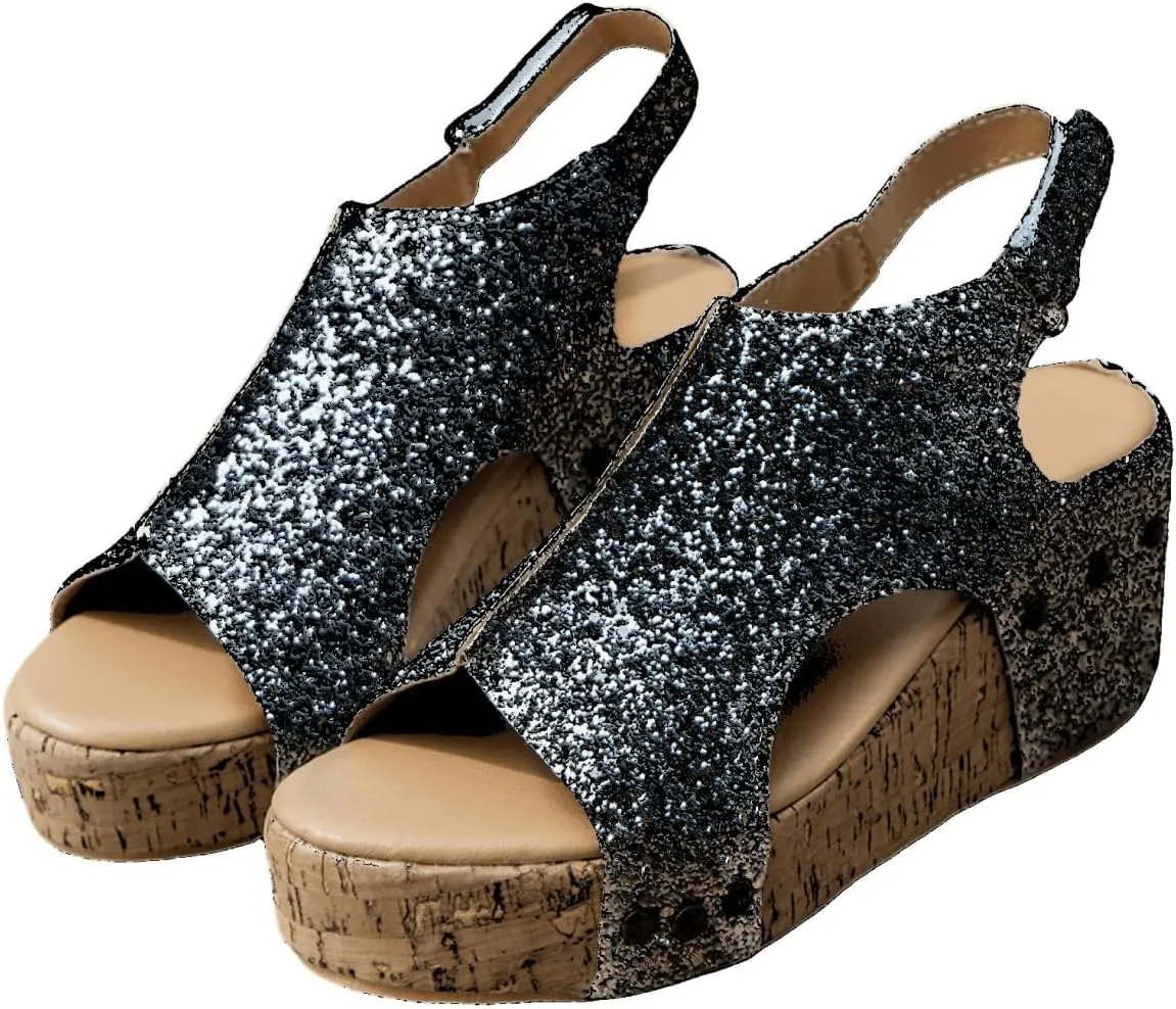 Ladmiple Sandals For Women 2024 Comfortable Wedge Platform Sandals Slip on Ankle Strap Casual Rhinestone Summer Dress Shoes