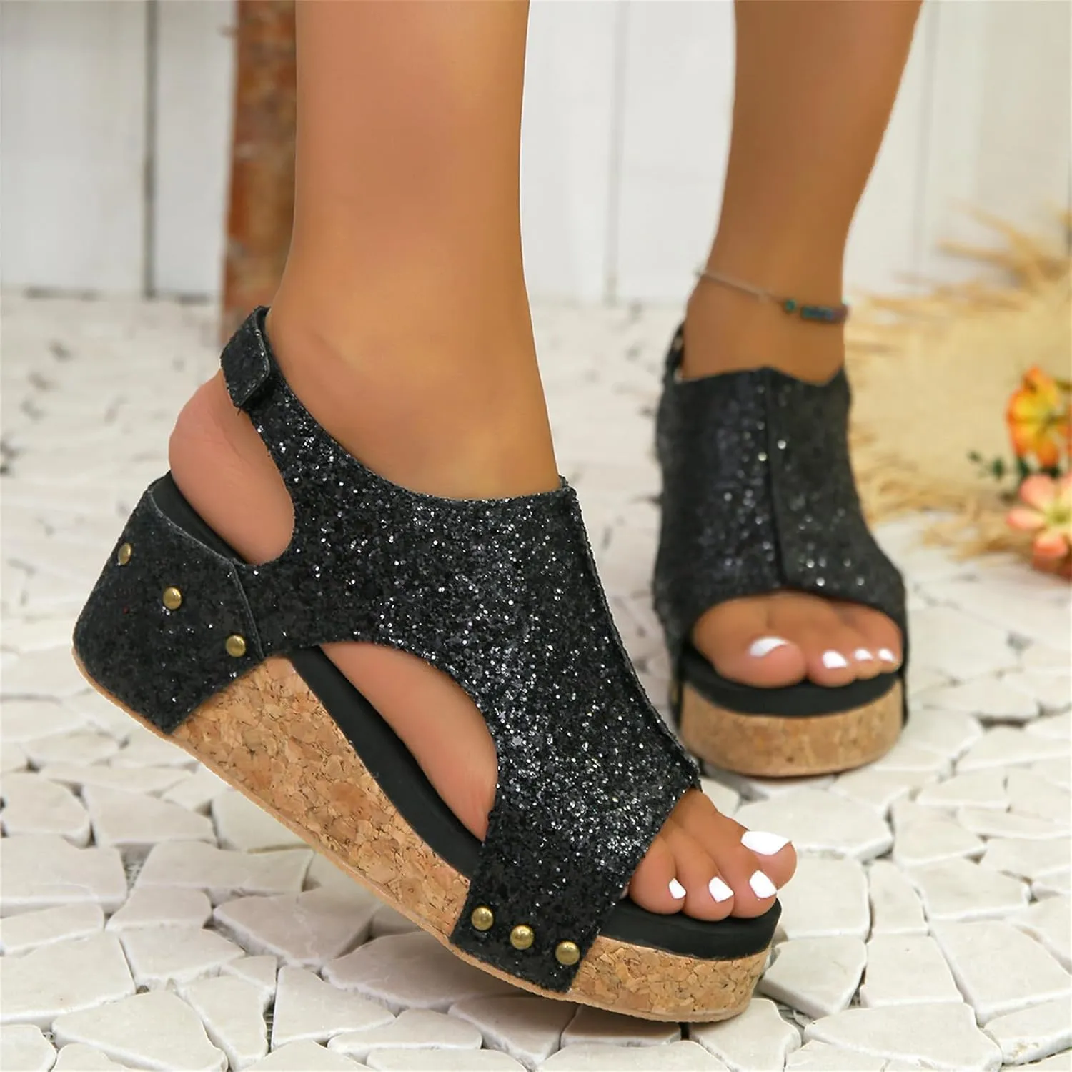 Ladmiple Sandals For Women 2024 Comfortable Wedge Platform Sandals Slip on Ankle Strap Casual Rhinestone Summer Dress Shoes