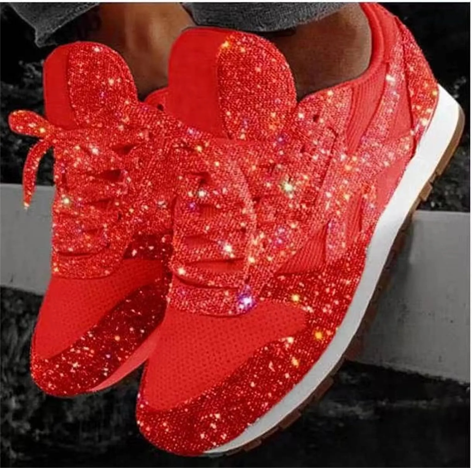 Ladmiple Sneakers For Women Walking Shoes Wide Width Rhinestone Sneakers Slip On Dressy Summer Glitter Sparkly Loafers
