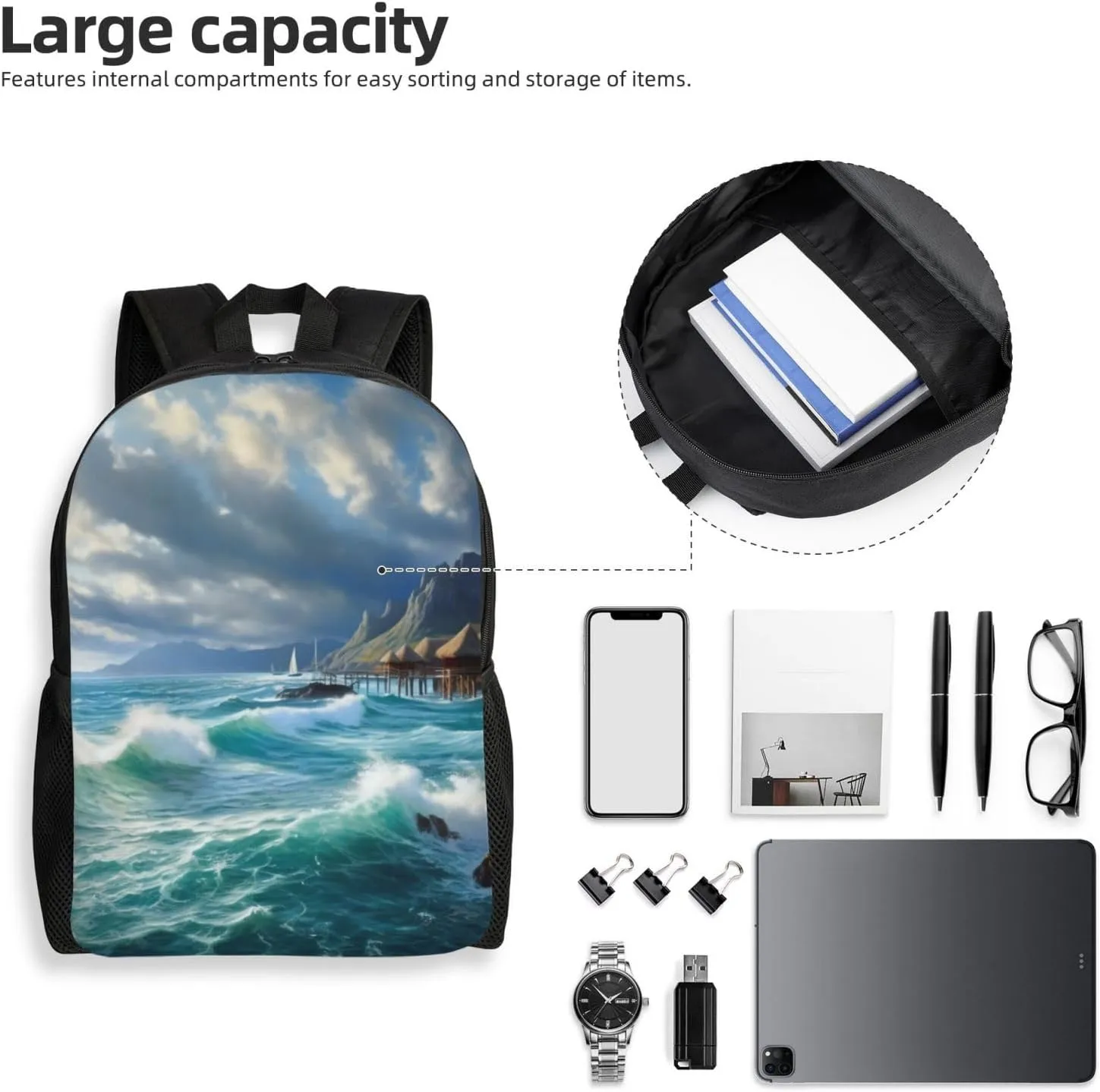 Laptop Backpack for Women Men Carry-on Backpack Seascape Painting Daypack Lightweight Travel Shoulder Bags