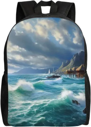 Laptop Backpack for Women Men Carry-on Backpack Seascape Painting Daypack Lightweight Travel Shoulder Bags