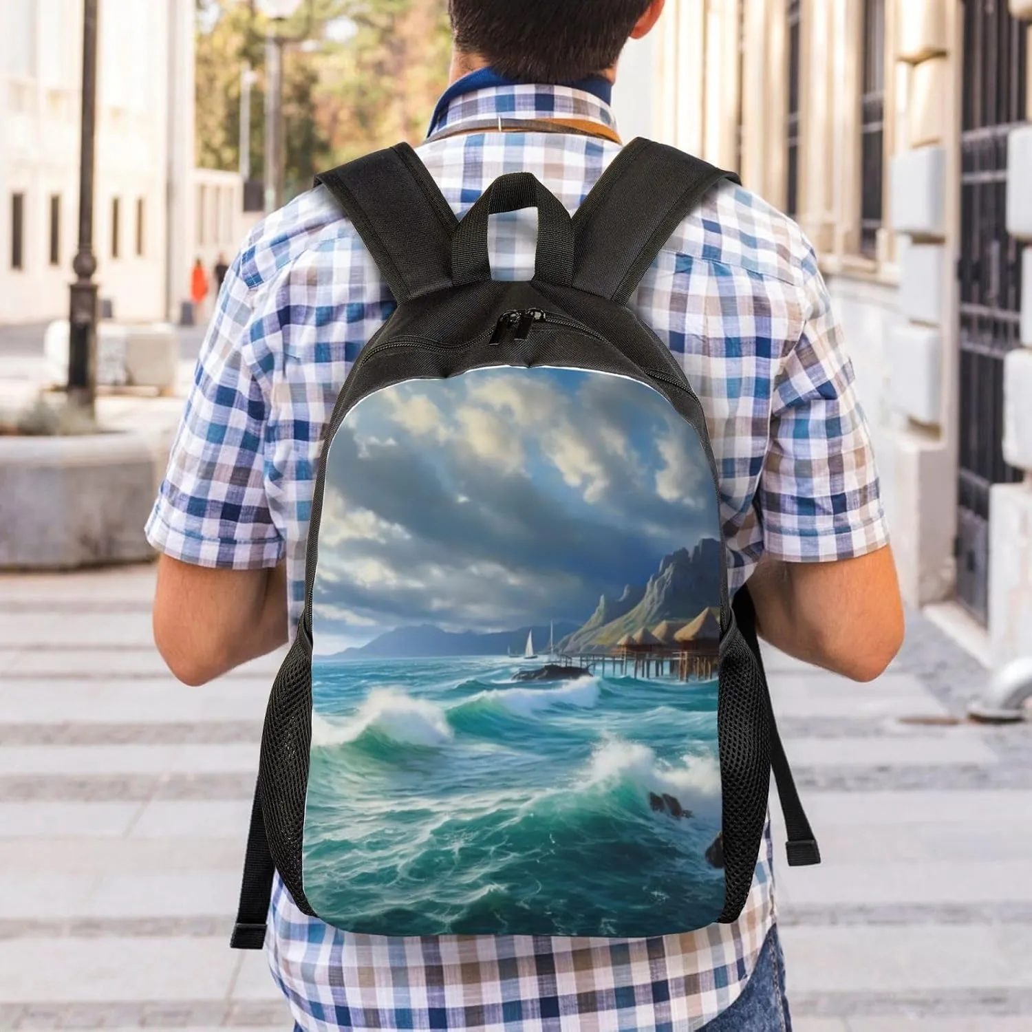 Laptop Backpack for Women Men Carry-on Backpack Seascape Painting Daypack Lightweight Travel Shoulder Bags