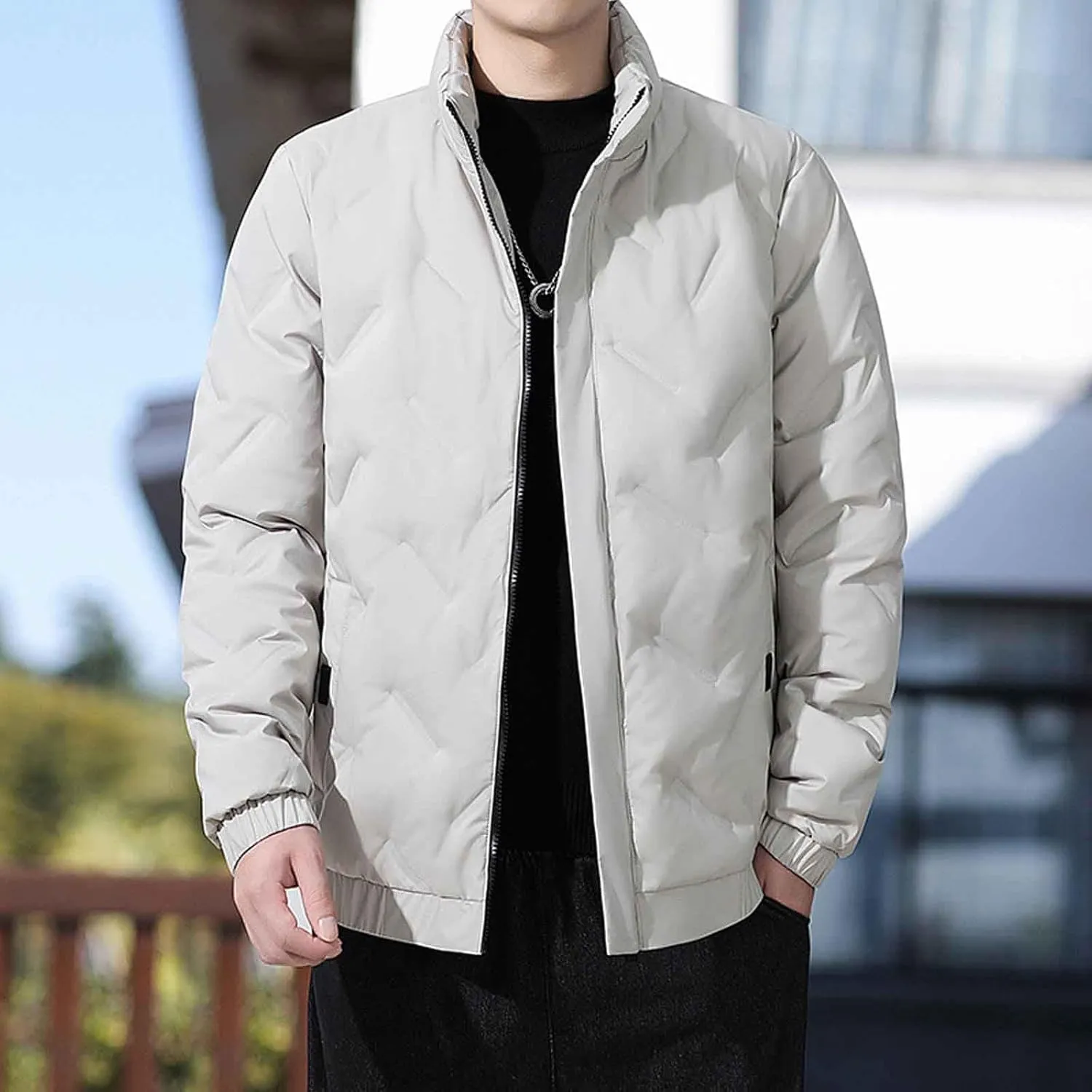 lcziwo Mens Puffer Quilted Jacket Lightweight Stand Collar Zip up Casual Padded Cotton Jacket Winter Coat Outerwear