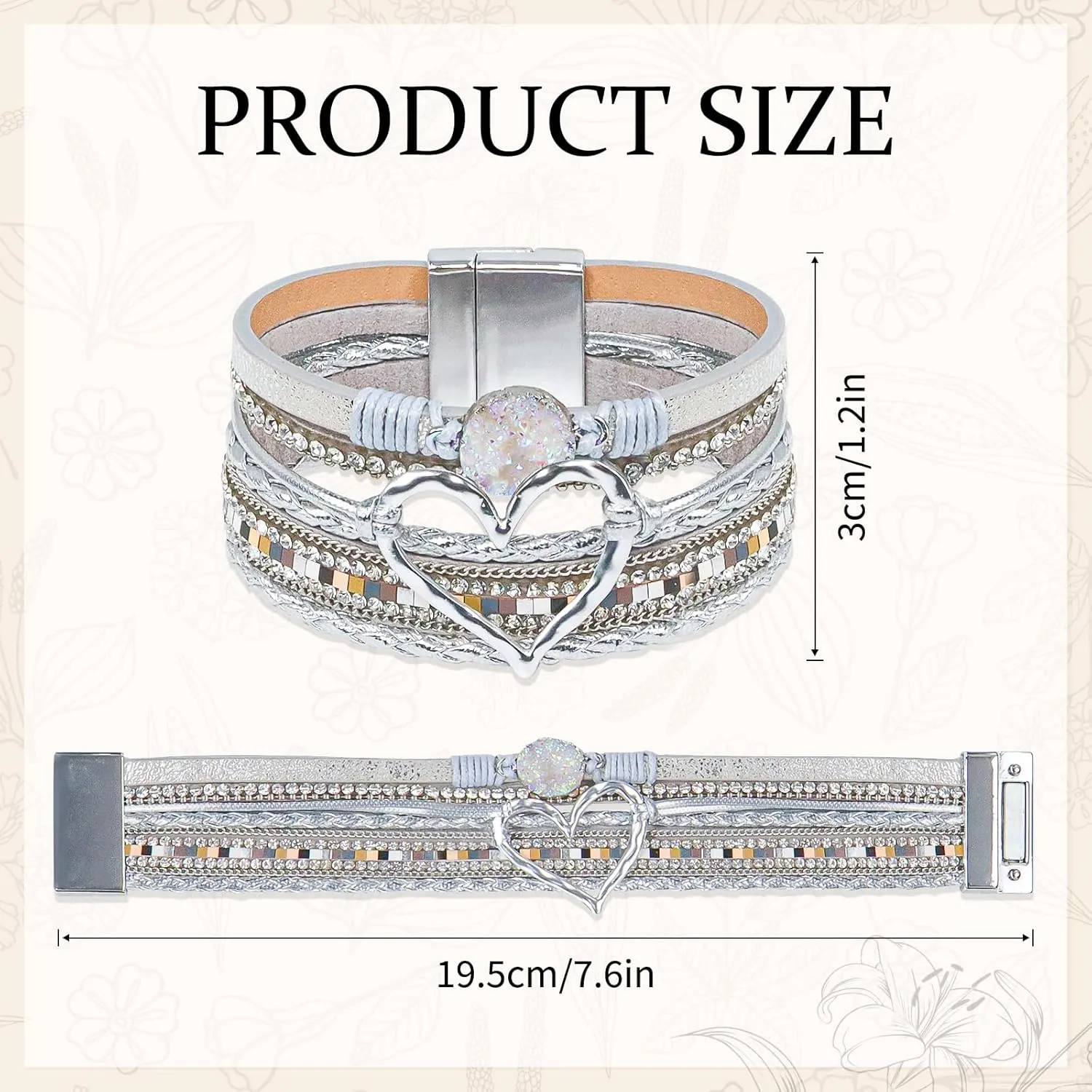 Leather Wrap Bracelet for Women, Boho Heart Cuff Bracelet with Strong Clasp, Multi-Layer Crystal Leather Bracelet