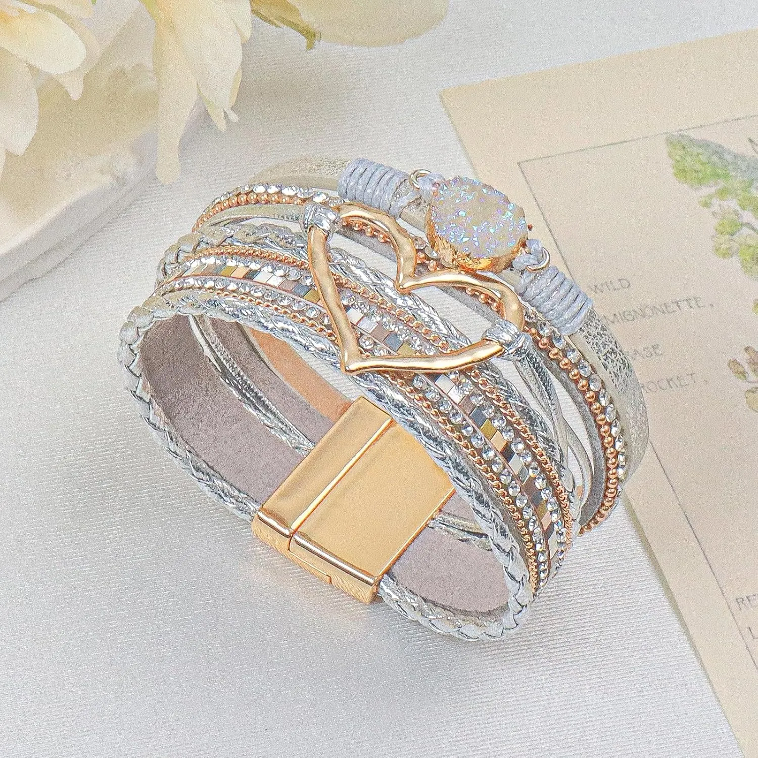 Leather Wrap Bracelet for Women, Boho Heart Cuff Bracelet with Strong Clasp, Multi-Layer Crystal Leather Bracelet