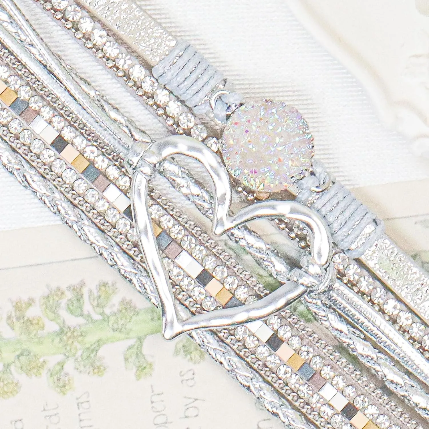 Leather Wrap Bracelet for Women, Boho Heart Cuff Bracelet with Strong Clasp, Multi-Layer Crystal Leather Bracelet