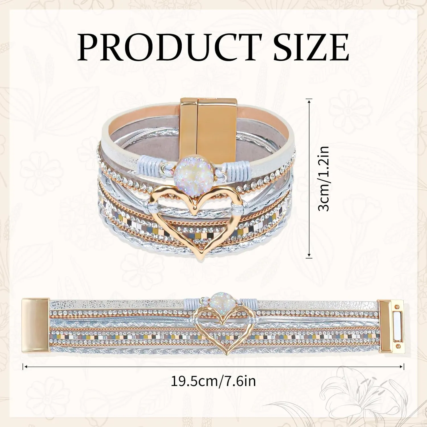 Leather Wrap Bracelet for Women, Boho Heart Cuff Bracelet with Strong Clasp, Multi-Layer Crystal Leather Bracelet