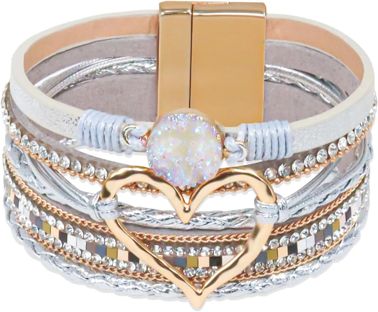 Leather Wrap Bracelet for Women, Boho Heart Cuff Bracelet with Strong Clasp, Multi-Layer Crystal Leather Bracelet