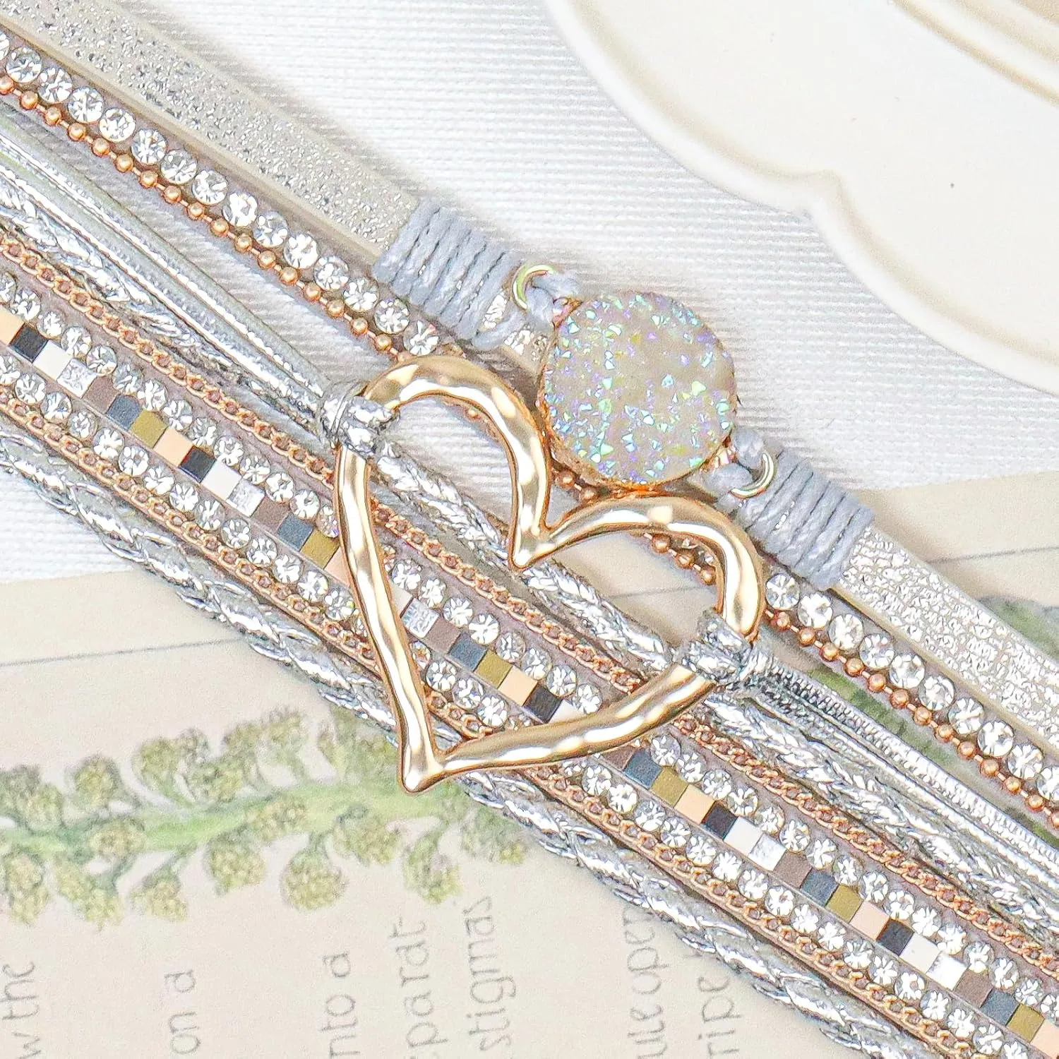 Leather Wrap Bracelet for Women, Boho Heart Cuff Bracelet with Strong Clasp, Multi-Layer Crystal Leather Bracelet