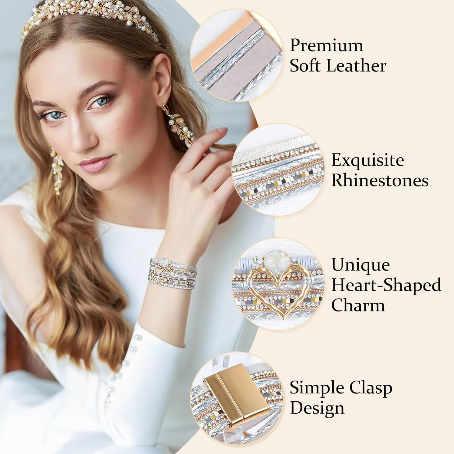 Leather Wrap Bracelet for Women, Boho Heart Cuff Bracelet with Strong Clasp, Multi-Layer Crystal Leather Bracelet