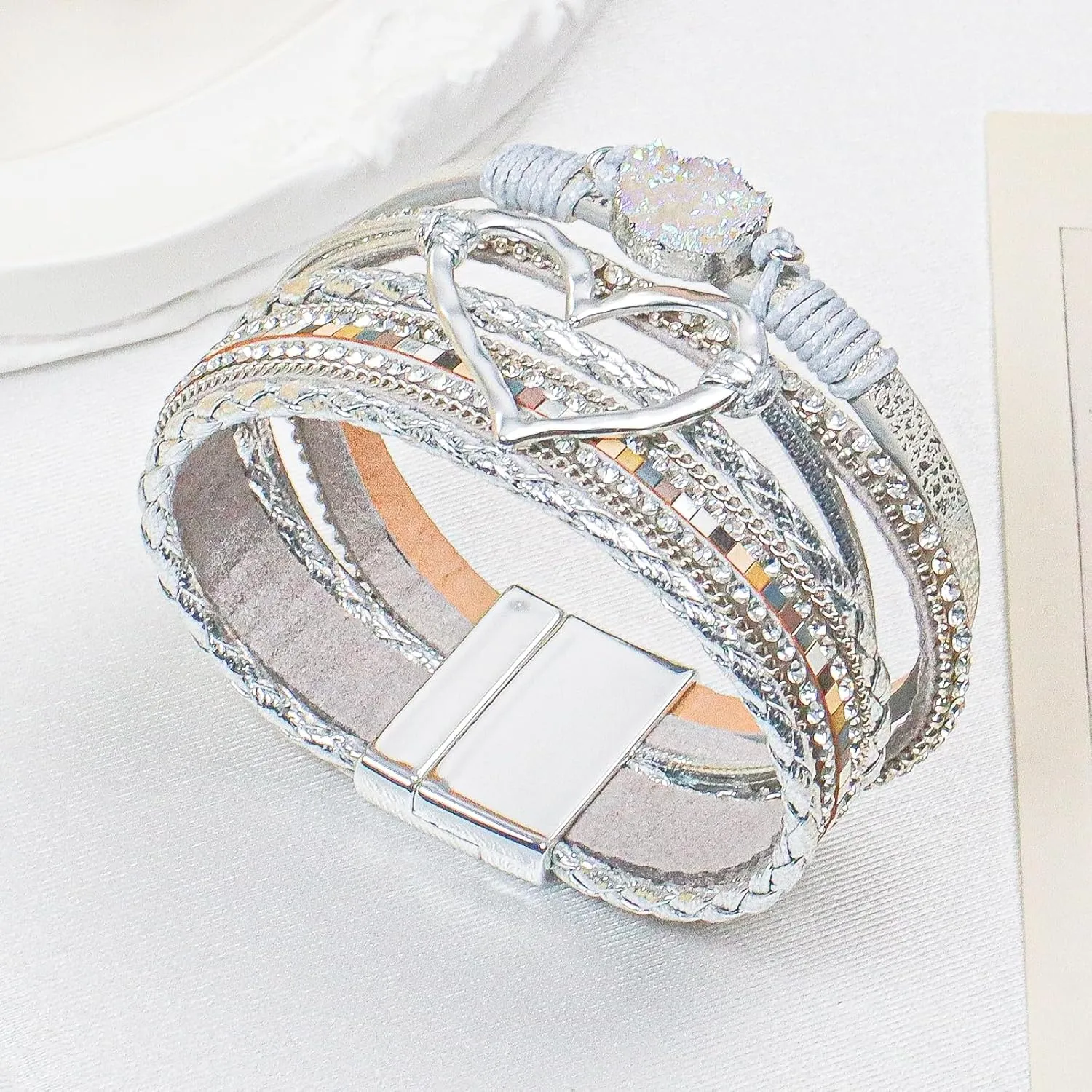 Leather Wrap Bracelet for Women, Boho Heart Cuff Bracelet with Strong Clasp, Multi-Layer Crystal Leather Bracelet