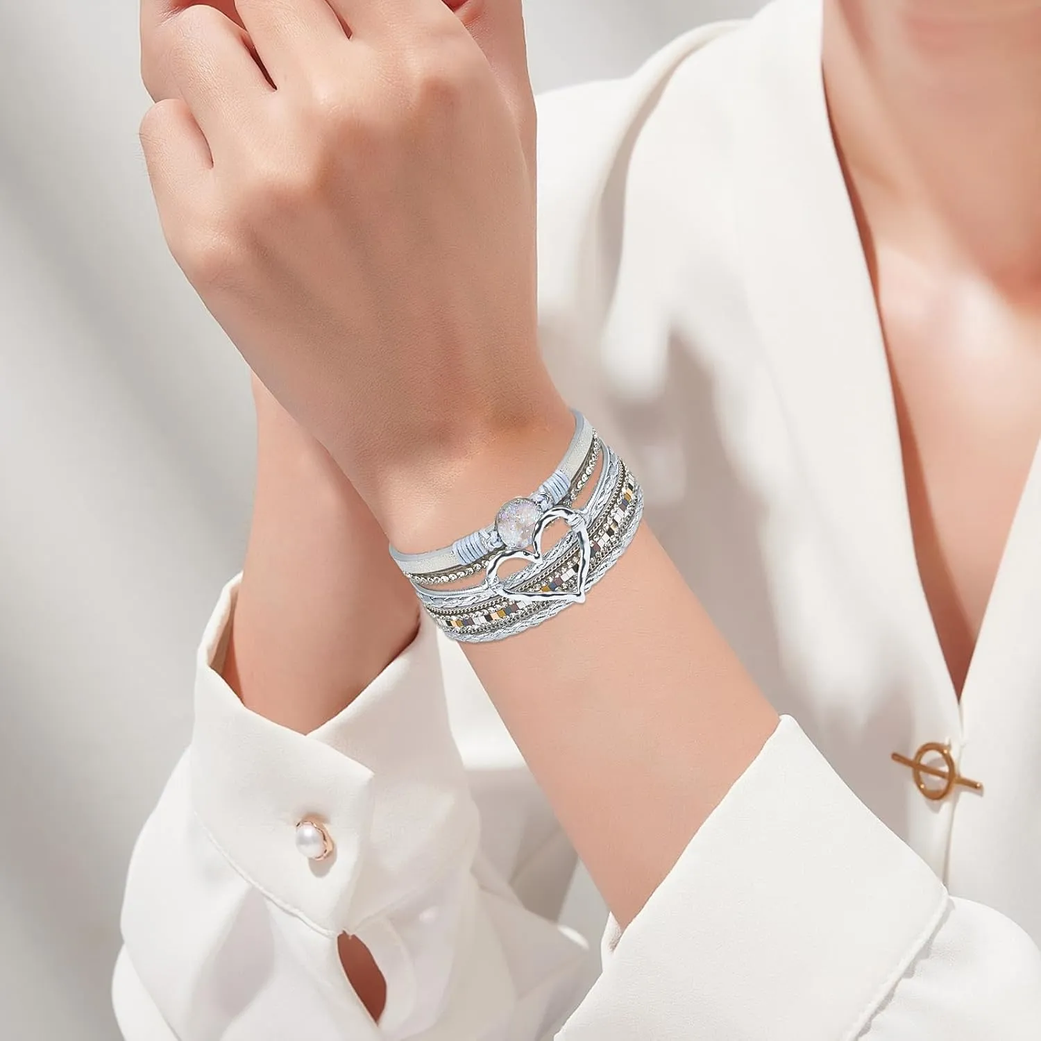 Leather Wrap Bracelet for Women, Boho Heart Cuff Bracelet with Strong Clasp, Multi-Layer Crystal Leather Bracelet
