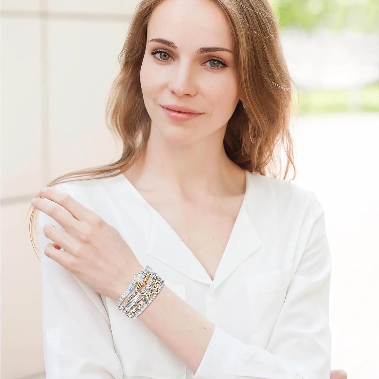 Leather Wrap Bracelet for Women, Boho Heart Cuff Bracelet with Strong Clasp, Multi-Layer Crystal Leather Bracelet