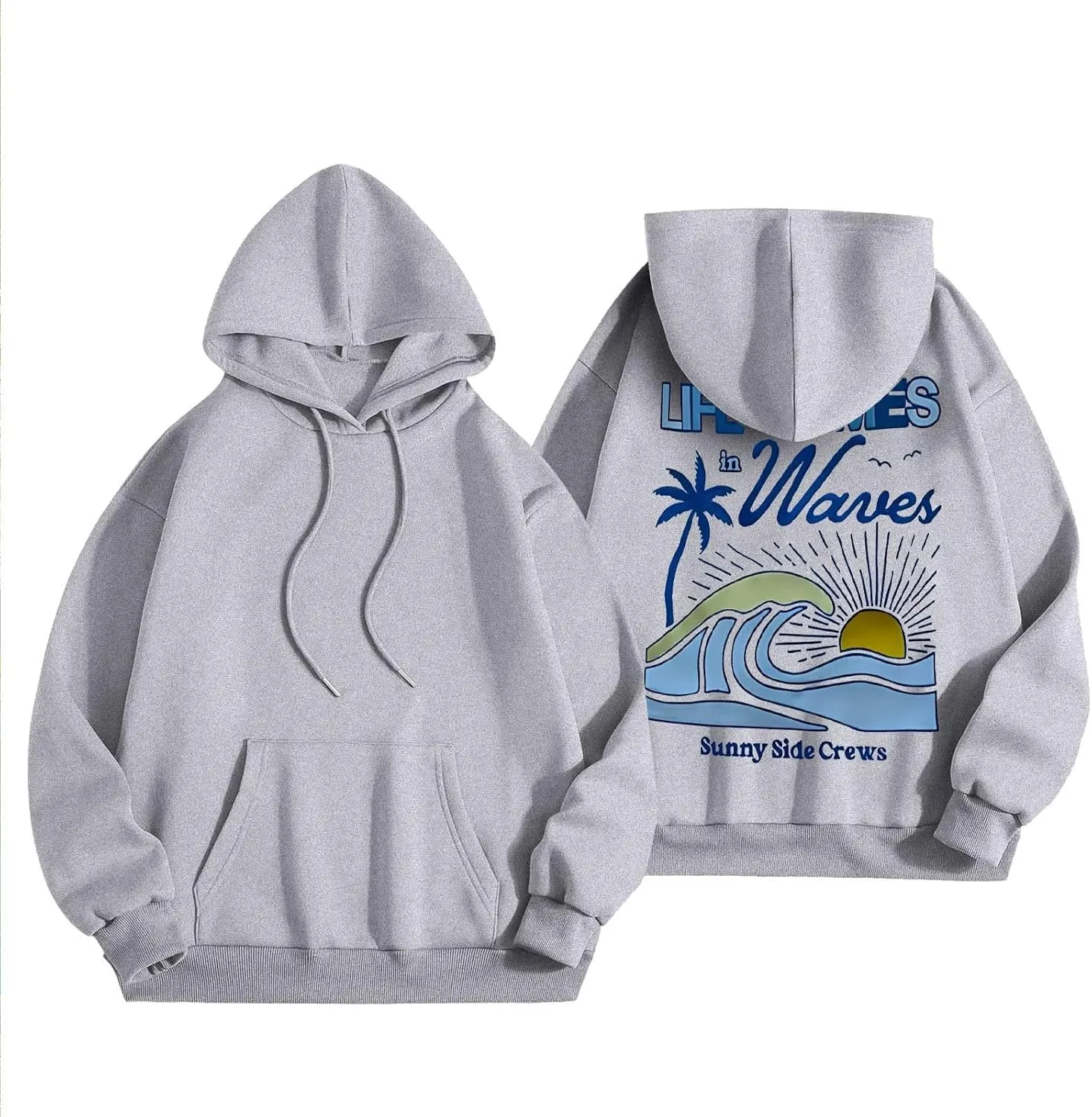 Life Comes in Waves Print Sweatshirts Womens Oversized Hoodies Casual Long Sleeve Blouse Tops Drawstring Pocket Outfits