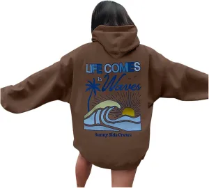 Life Comes in Waves Print Sweatshirts Womens Oversized Hoodies Casual Long Sleeve Blouse Tops Drawstring Pocket Outfits
