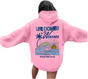 Life Comes in Waves Print Sweatshirts Womens Oversized Hoodies Casual Long Sleeve Blouse Tops Drawstring Pocket Outfits