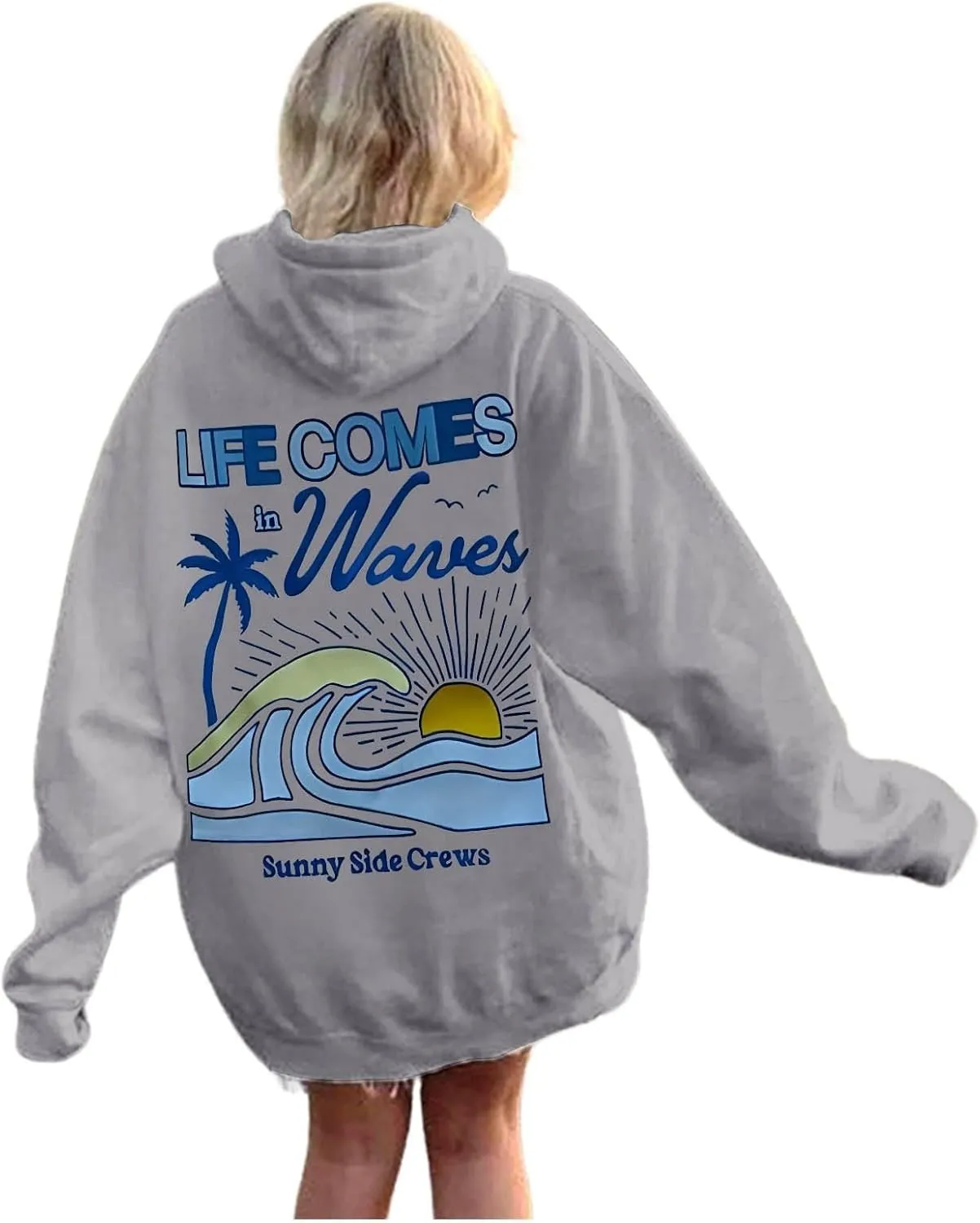 Life Comes in Waves Print Sweatshirts Womens Oversized Hoodies Casual Long Sleeve Blouse Tops Drawstring Pocket Outfits